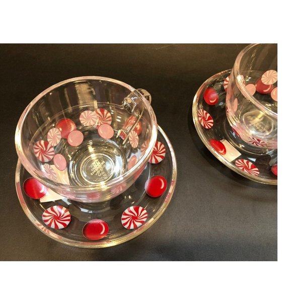 Starbucks Holiday 2007 Peppermint Candy Clear Coffee Mug Set With Saucers - Picture 7 of 16
